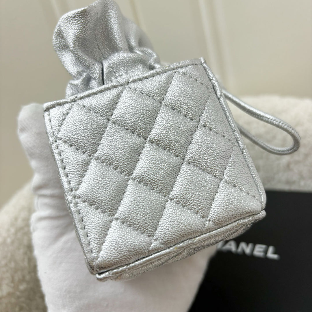 Chanel VIP Gift 2021 Micro Box Bag in Metallic Silver Lambskin and