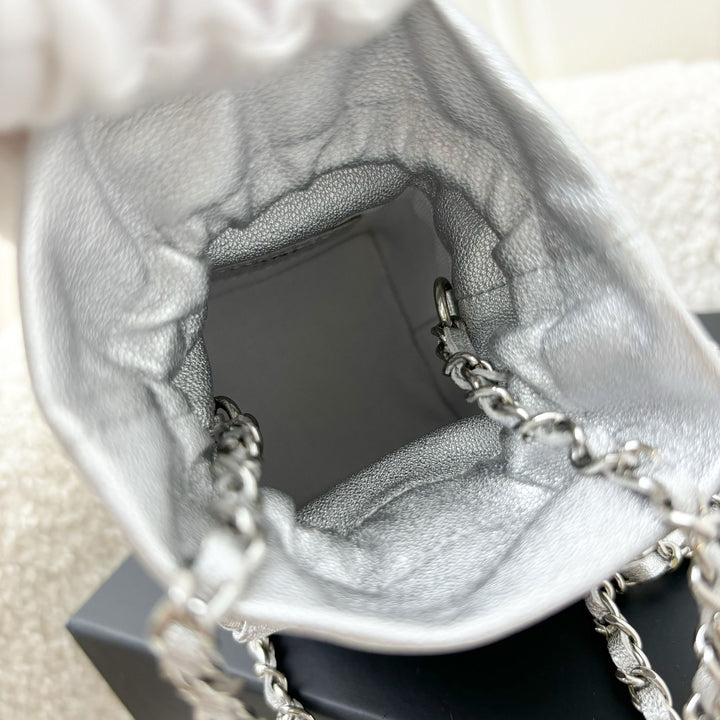 Chanel VIP Gift 2021 Micro Box Bag in Metallic Silver Lambskin and