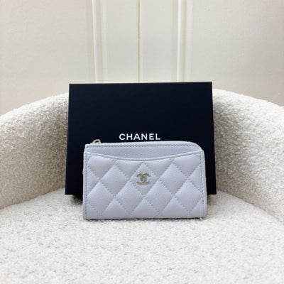 Chanel Zipped Card Holder with Coin Compartment in Light Blue Caviar and LGHW