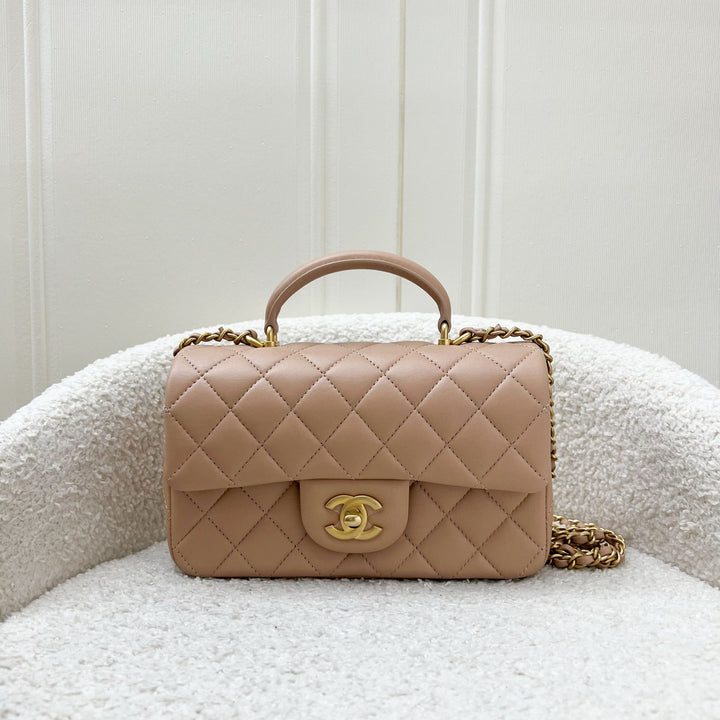 Chanel Top Handle Mini Rectangle Flap in 21A Rose Beige Lambskin