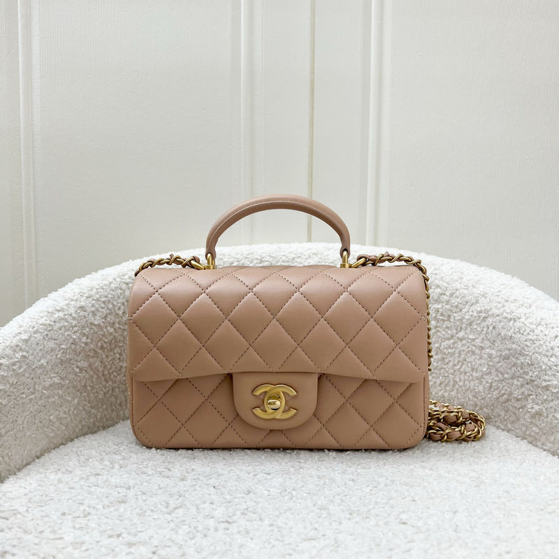 Chanel Top Handle Mini Rectangle Flap in 21A Rose Beige Lambskin in AGHW