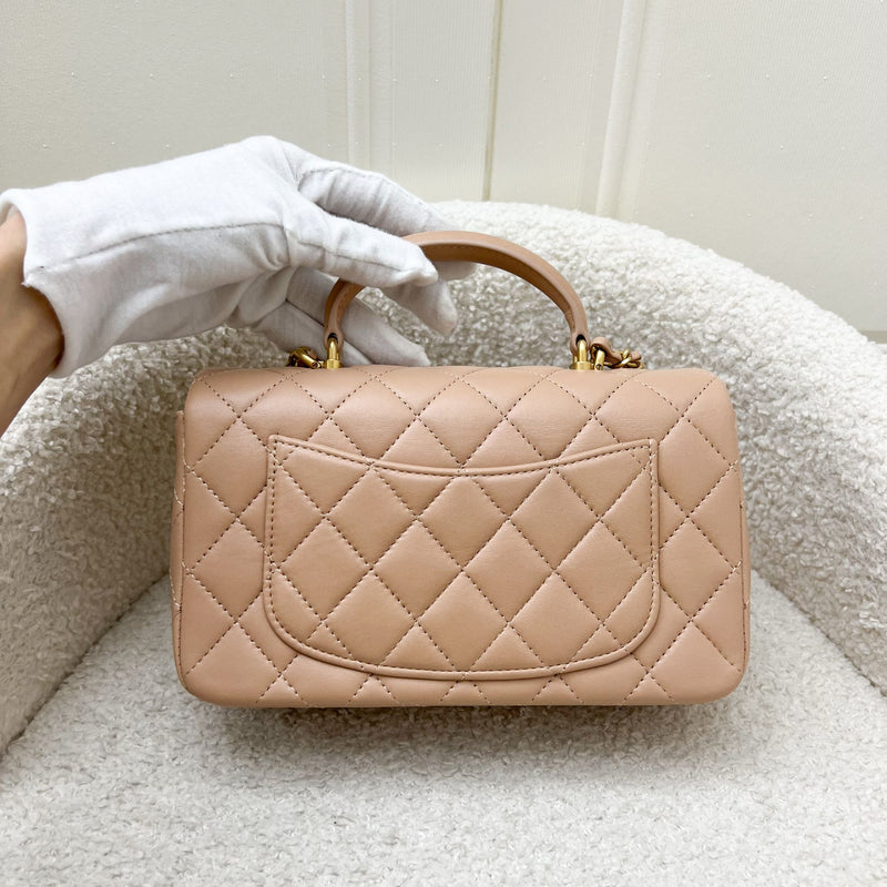 Chanel Top Handle Mini Rectangle Flap in 21A Rose Beige Lambskin in AGHW