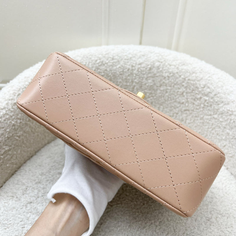 Chanel Top Handle Mini Rectangle Flap in 21A Rose Beige Lambskin in AGHW