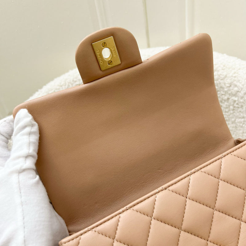 Chanel Top Handle Mini Rectangle Flap in 21A Rose Beige Lambskin in AGHW