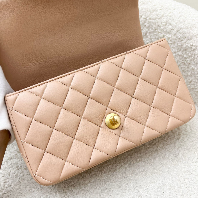 Chanel Top Handle Mini Rectangle Flap in 21A Rose Beige Lambskin in AGHW