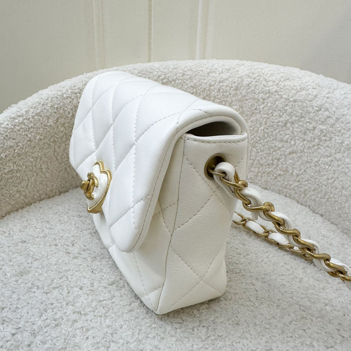 Chanel 23S Heart Clasp Mini Flap in White Lambskin and AGHW