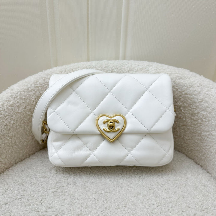 Chanel 23S Heart Clasp Mini Flap in White Lambskin and AGHW