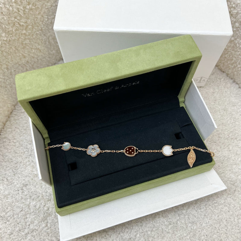 Van Cleef & Arpels VCA Lucky Spring 5 Motif Bracelet with Carnelian, Onyx and Mother of Pearl in 18K Rose Gold (Ref: VCARP7RR00)