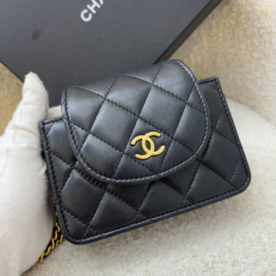 Chanel 22K Double Chain Micro Flap Bag in Black Lambskin and GHW