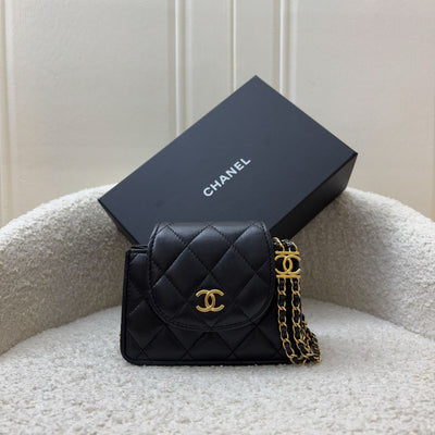 Chanel 22K Double Chain Micro Flap Bag in Black Lambskin and GHW