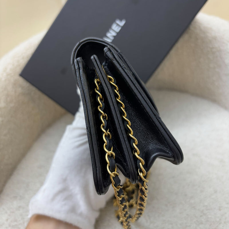 Chanel 22K Double Chain Micro Flap Bag in Black Lambskin and GHW