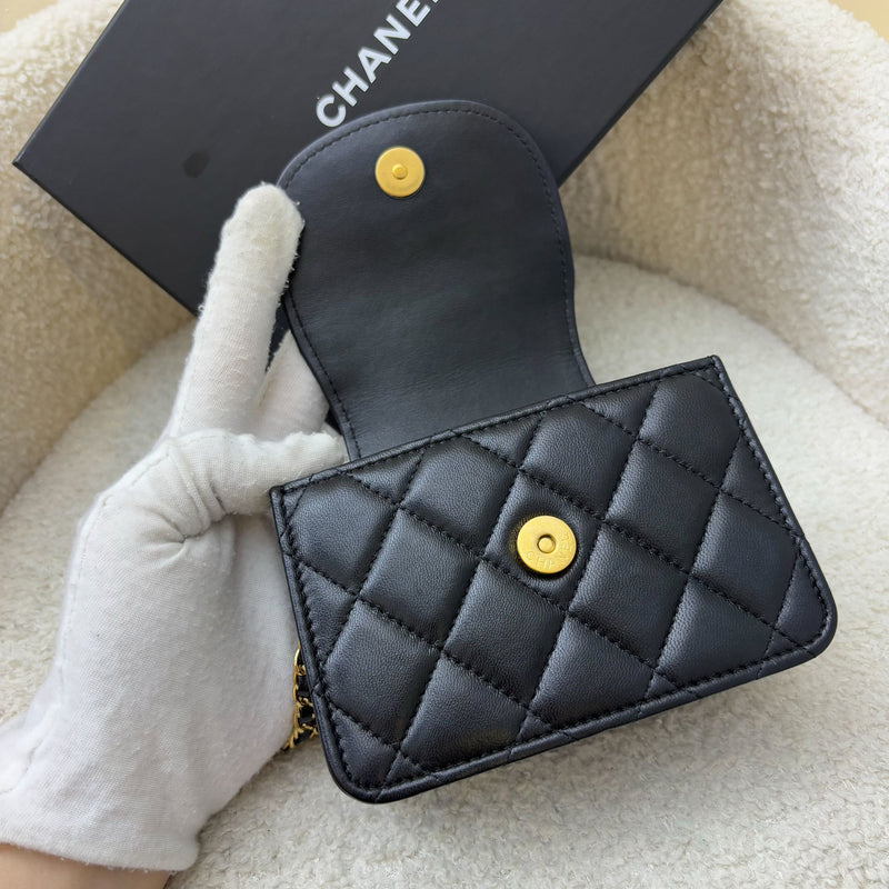 Chanel 22K Double Chain Micro Flap Bag in Black Lambskin and GHW