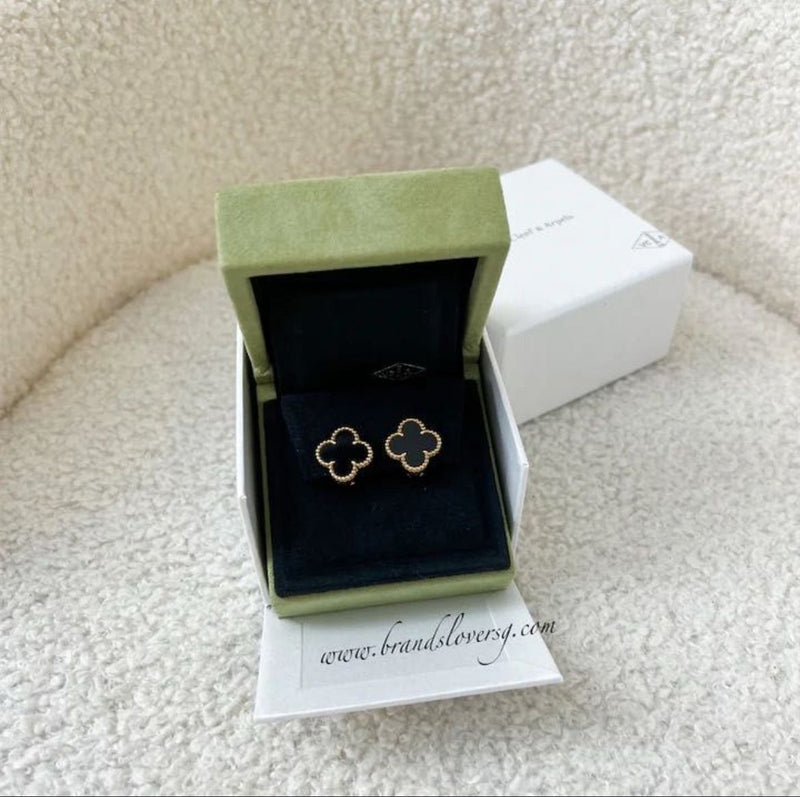 Van Cleef & Arpels VCA Vintage Alhambra Ear Studs, Yellow Gold Black Onyx