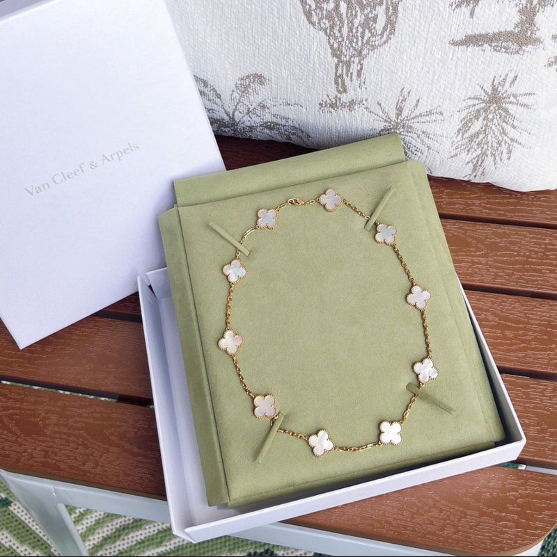 Van Cleef & Arpels VCA Vintage Alhambra 10 Motif Necklace with White Mother of Pearl MOP in 18K Yellow Gold