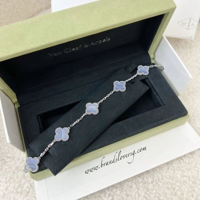 Van Cleef & Arpels VCA 5 Motif Vintage Alhambra Bracelet in Chalcedony and 18K White Gold