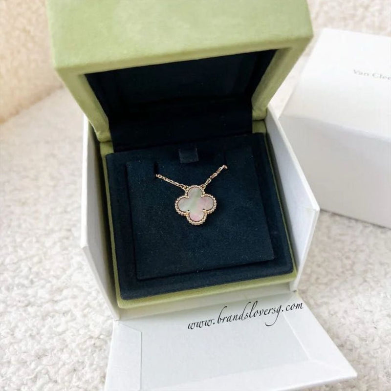 Van Cleef & Arpels VCA Vintage Alhambra Grey Mother of Pearl MOP Pendant Necklace in 18K Rose Gold