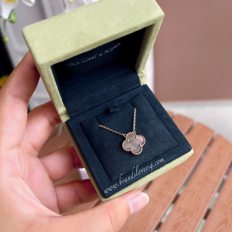 Van Cleef & Arpels VCA Vintage Alhambra Grey Mother of Pearl MOP Pendant Necklace in 18K Rose Gold (Extended Length)