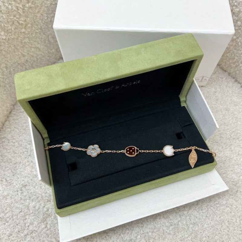 Van Cleef & Arpels VCA Lucky Spring 5 Motif Bracelet with Carnelian, Onyx and Mother of Pearl in 18K Rose Gold