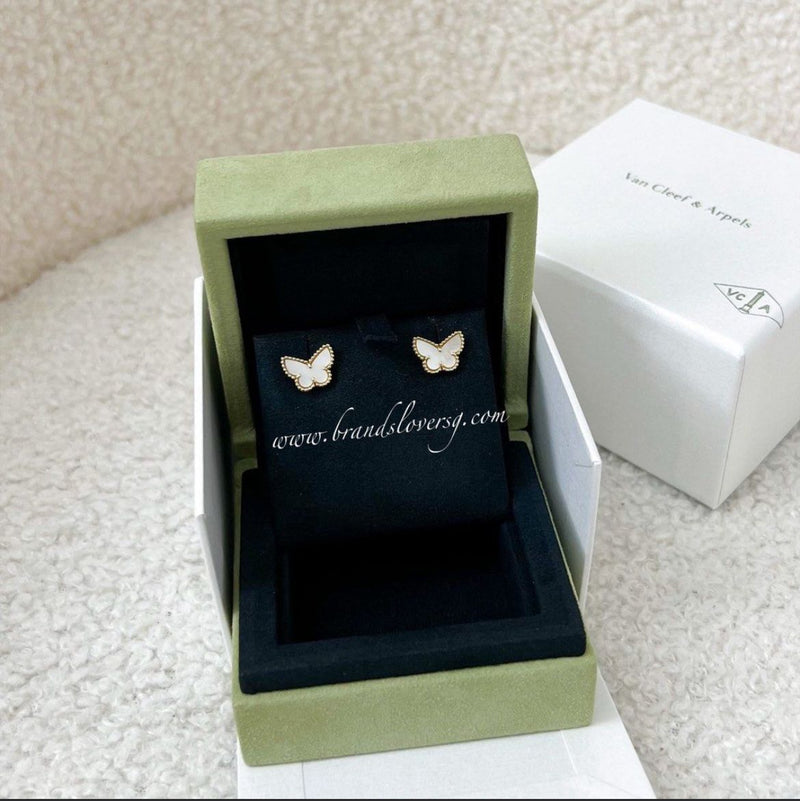 Van Cleef & Arpels VCA Sweet Alhambra Butterfly Ear Studs with Mother of Pearl MOP in 18K Yellow Gold
