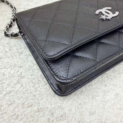 [BN - Sep 2025] Chanel 25B Shooting Star Logo Wallet on Chain WOC in Black Caviar and SHW (Model: AP3723)