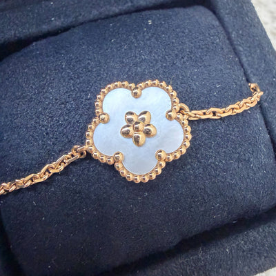 Van Cleef & Arpels VCA Lucky Spring Plum Blossom Bracelet with White Mother of Pearl MOP in 18K Rose Gold (Ref: VCARP9V900)