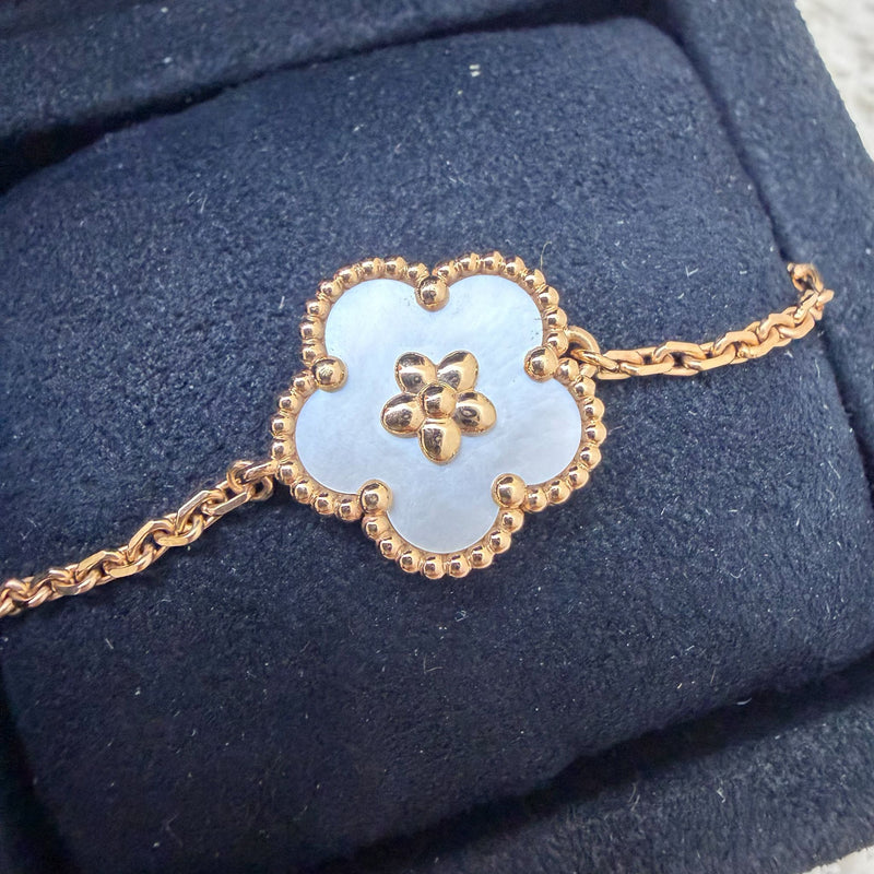 Van Cleef & Arpels VCA Lucky Spring Plum Blossom Bracelet with White Mother of Pearl MOP in 18K Rose Gold (Ref: VCARP9V900)