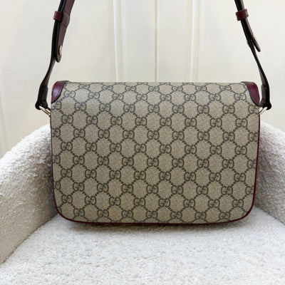 Gucci Horsebit 1955 Soft Medium Shoulder Bag in Coated Canvas, Burgundy Leather and LGHW