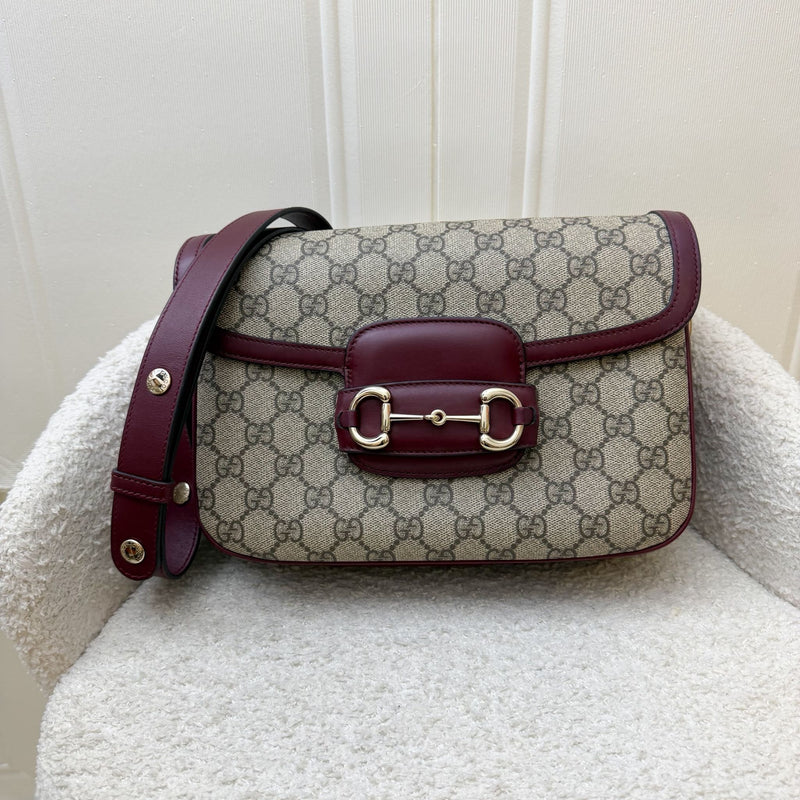 Gucci Horsebit 1955 Soft Medium Shoulder Bag in Coated Canvas, Burgundy Leather and LGHW