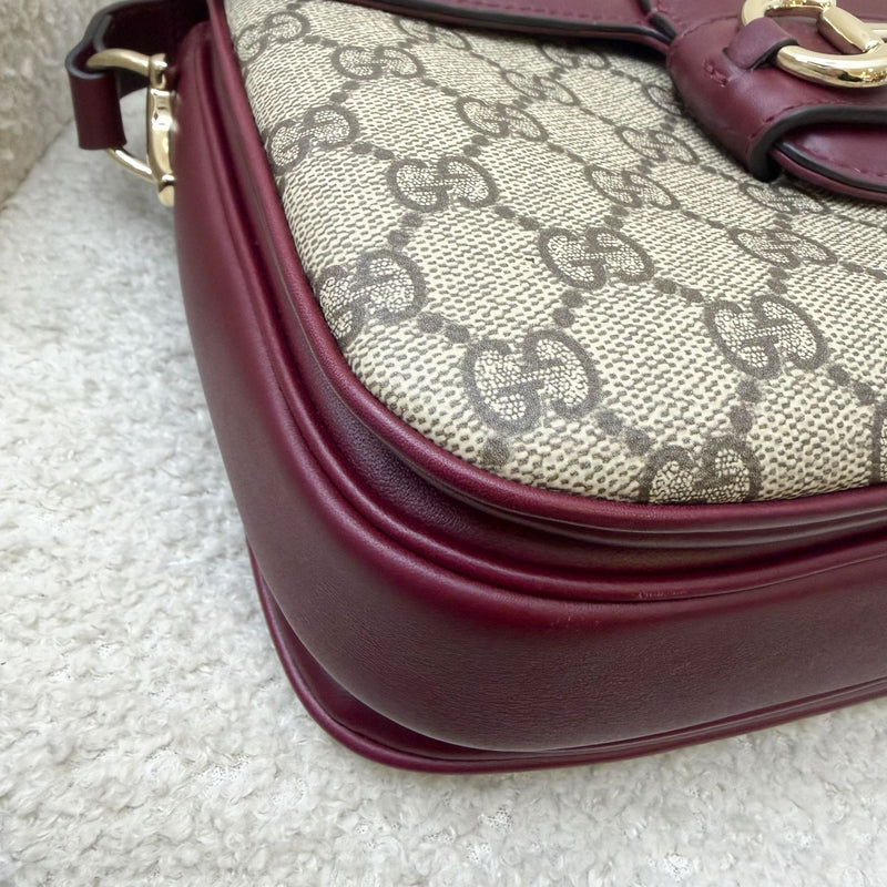 Gucci Horsebit 1955 Soft Medium Shoulder Bag in Coated Canvas, Burgundy Leather and LGHW