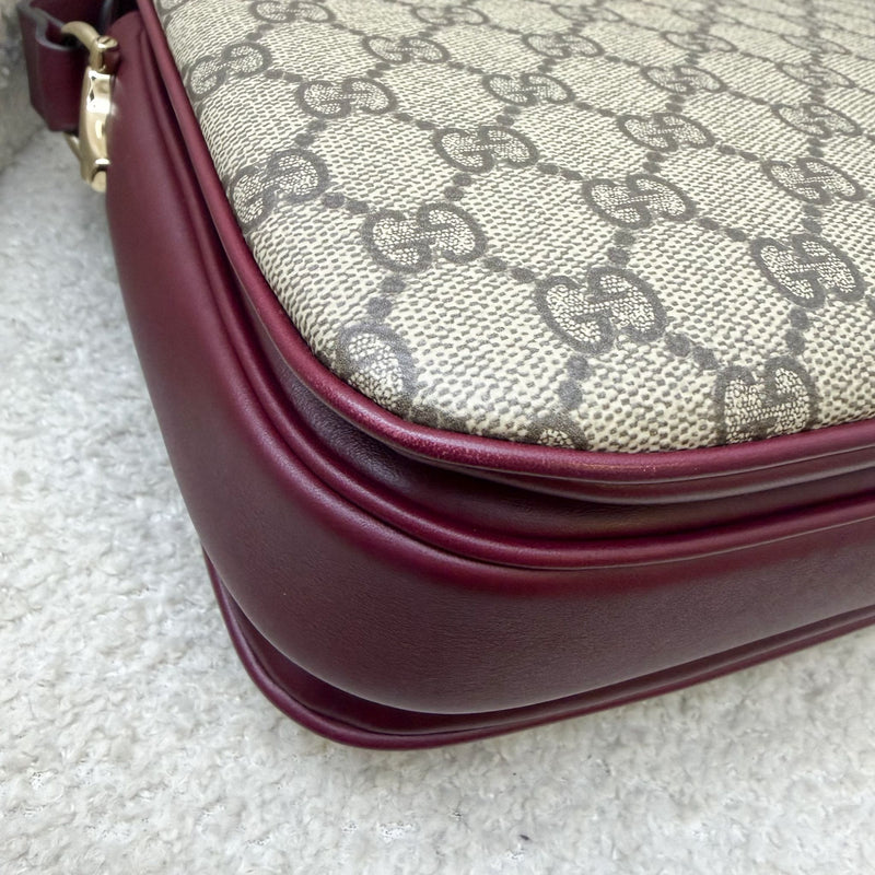 Gucci Horsebit 1955 Soft Medium Shoulder Bag in Coated Canvas, Burgundy Leather and LGHW