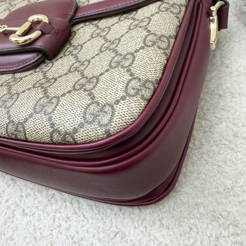 Gucci Horsebit 1955 Soft Medium Shoulder Bag in Coated Canvas, Burgundy Leather and LGHW