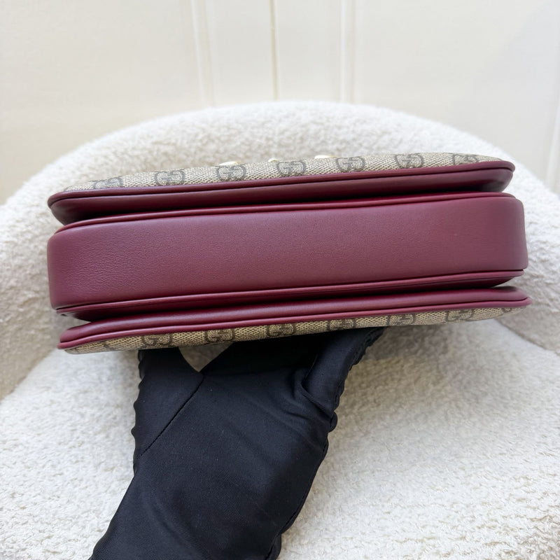 Gucci Horsebit 1955 Soft Medium Shoulder Bag in Coated Canvas, Burgundy Leather and LGHW