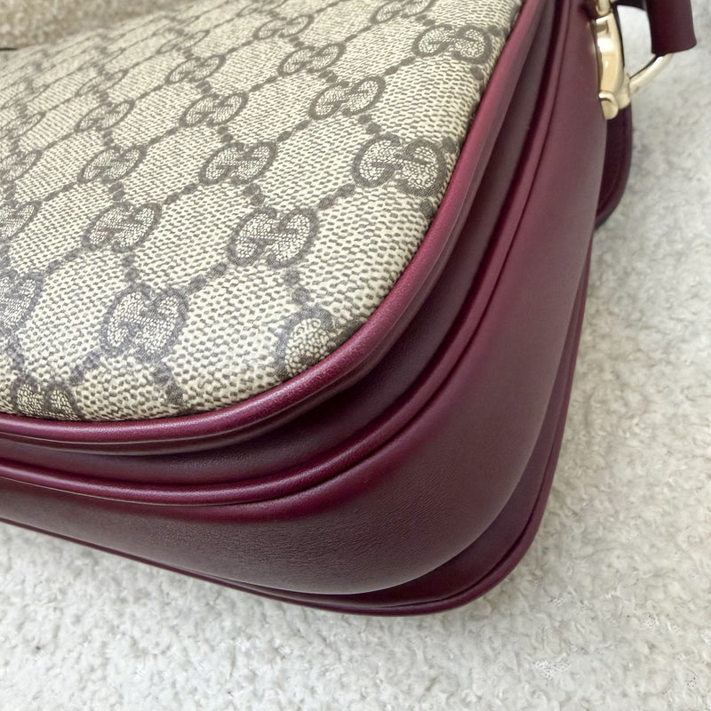 Gucci Horsebit 1955 Soft Medium Shoulder Bag in Coated Canvas, Burgundy Leather and LGHW