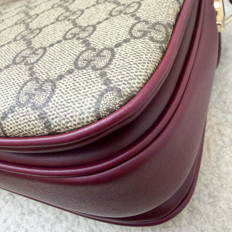 Gucci Horsebit 1955 Soft Medium Shoulder Bag in Coated Canvas, Burgundy Leather and LGHW