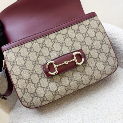 Gucci Horsebit 1955 Soft Medium Shoulder Bag in Coated Canvas, Burgundy Leather and LGHW