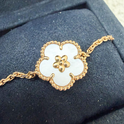 Van Cleef & Arpels VCA Lucky Spring Plum Blossom Bracelet with White Mother of Pearl MOP in 18K Rose Gold (Ref: VCARP9V900)