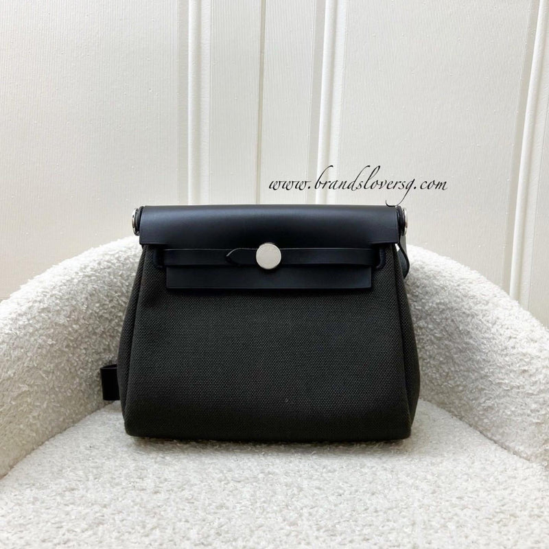 Hermes Mini Herbag Retourne in Dark Bronze Toile Militaire Canvas, Noir Black Leather and PHW