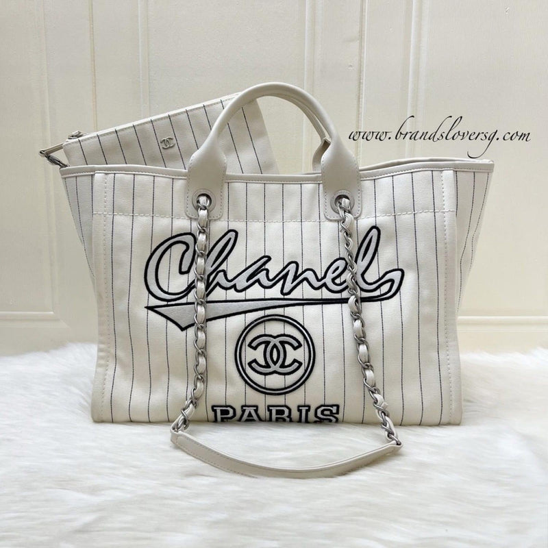 Chanel Medium / Large Deauville Tote in White Striped Fabric and LGHW