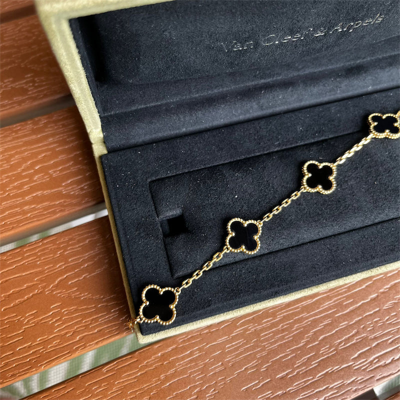 Van Cleef & Arpels VCA Vintage Alhambra 5 Motifs Black Onyx Bracelet in 18K Yellow Gold
