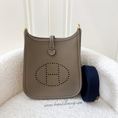 Hermes Mini Evelyne TPM in Etoupe Clemence Leather with Blue Indigo Strap and GHW