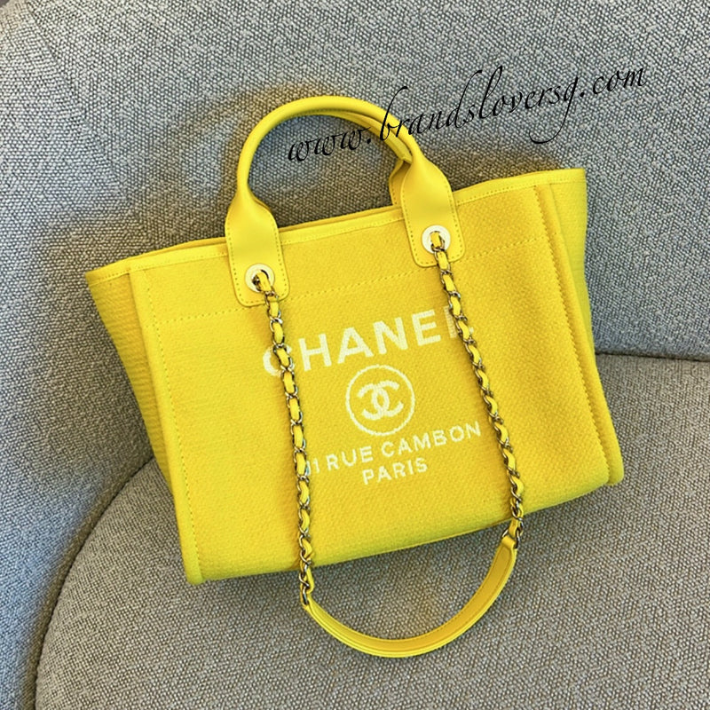 Chanel 23C Small / Medium Deauville Shopping Tote in Yellow Mixed Fibers Fabric and LGHW