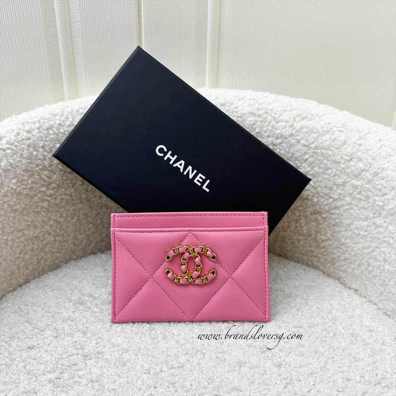 Chanel 19 Flat Card Holder in Pink Lambskin and AGHW