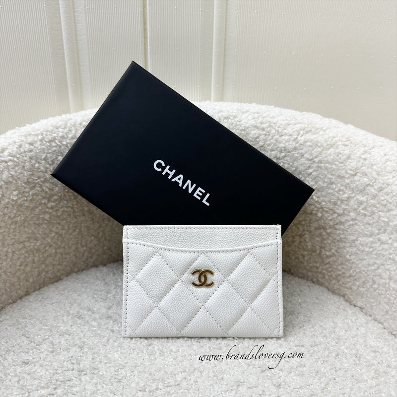 Chanel Classic Flat Card Holder in White Caviar and LGHW