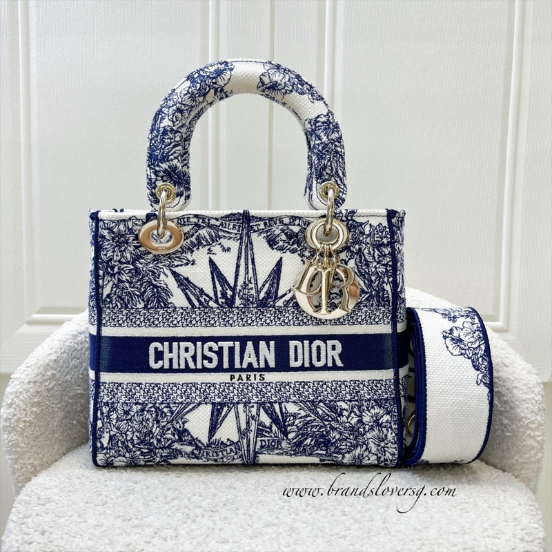 Dior Medium Lady D-lite Bag in White and Blue Toile de Jouy Embroidery and LGHW