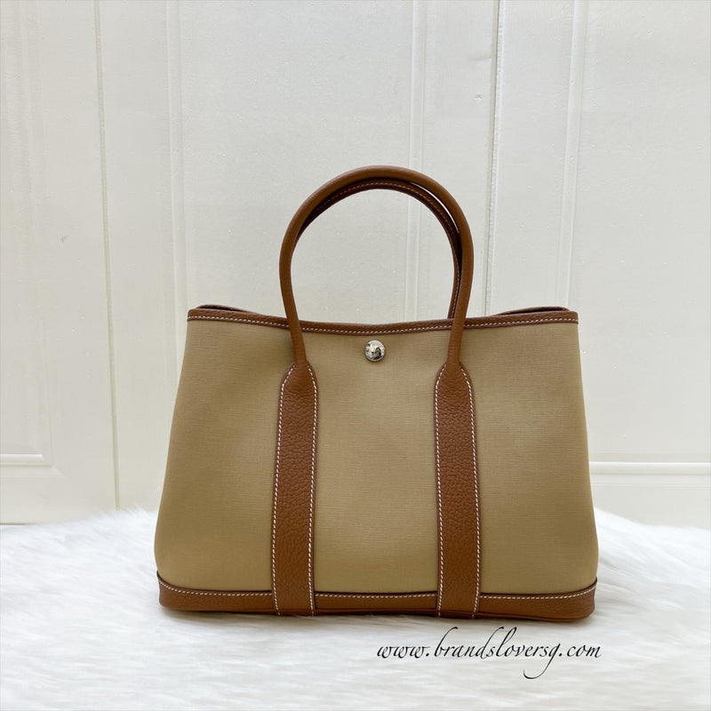 Hermes Garden Party 30 in Trench Toile Officier Canvas, Gold Negonda Leather and PHW