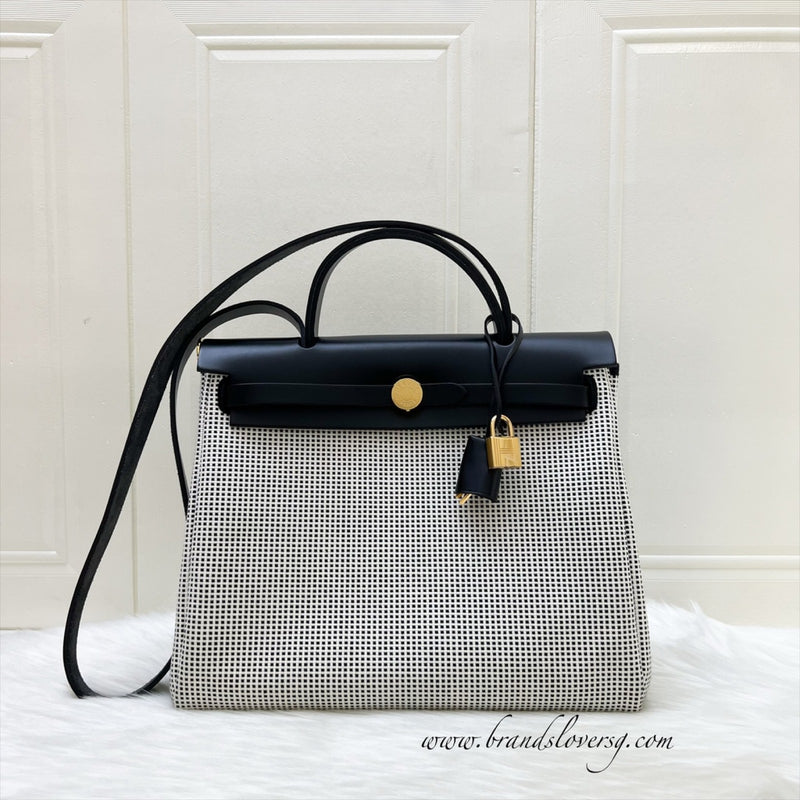 Hermes Herbag Zip 31 in Ecru-Blanc-Noir Toile Quadrille Viking Canvas, Noir Vache Hunter Leather and GHW