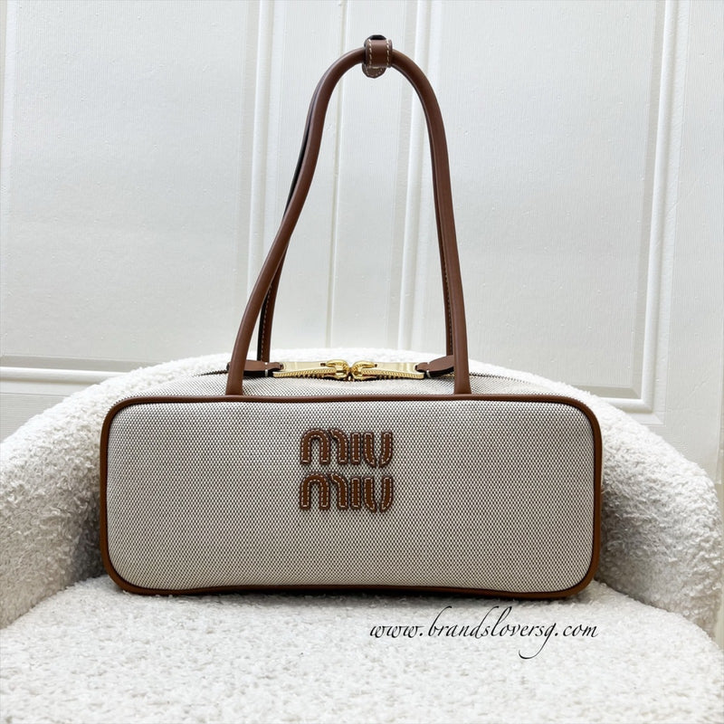 [Brand New - May 2025] Miu Miu Small Beau Top Handle Bag in Beige Cotton Canvas, Brandy Leather Trim and GHW