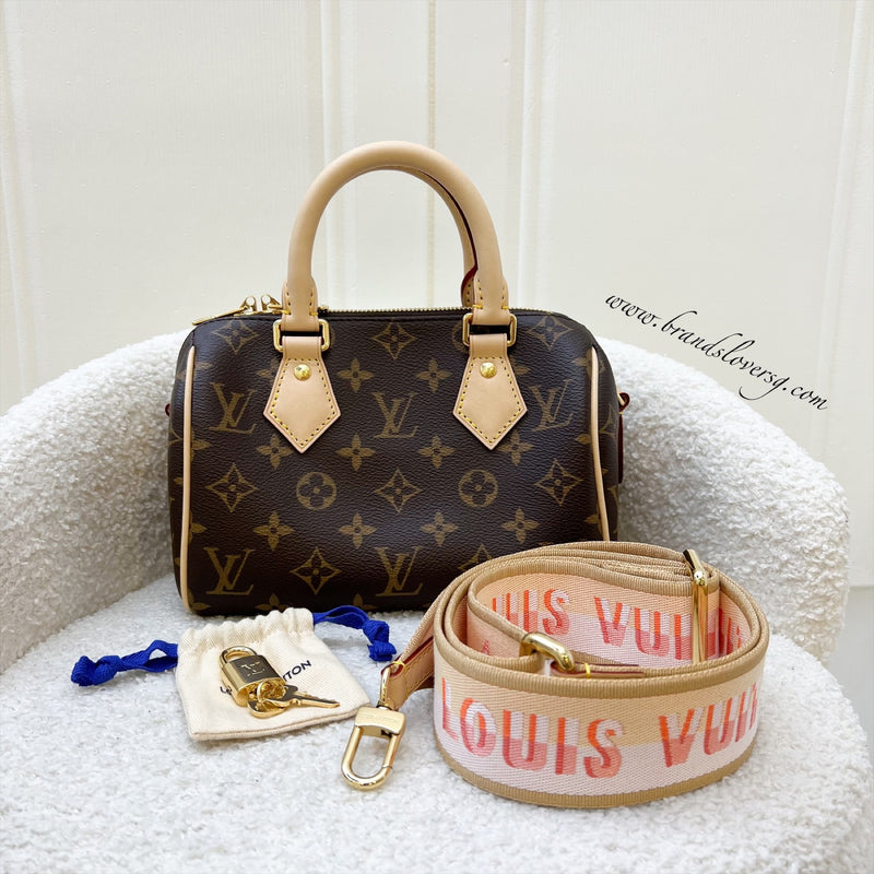 LV Speedy Bandouliere 20 in Monogram Canvas and Pink / Orange Patterned Strap