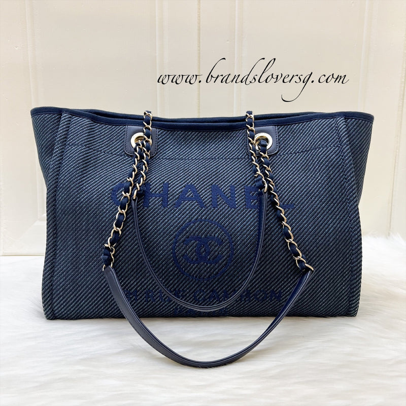 Chanel Medium Deauville Tote in Dark Blue Denim Canvas and LGHW