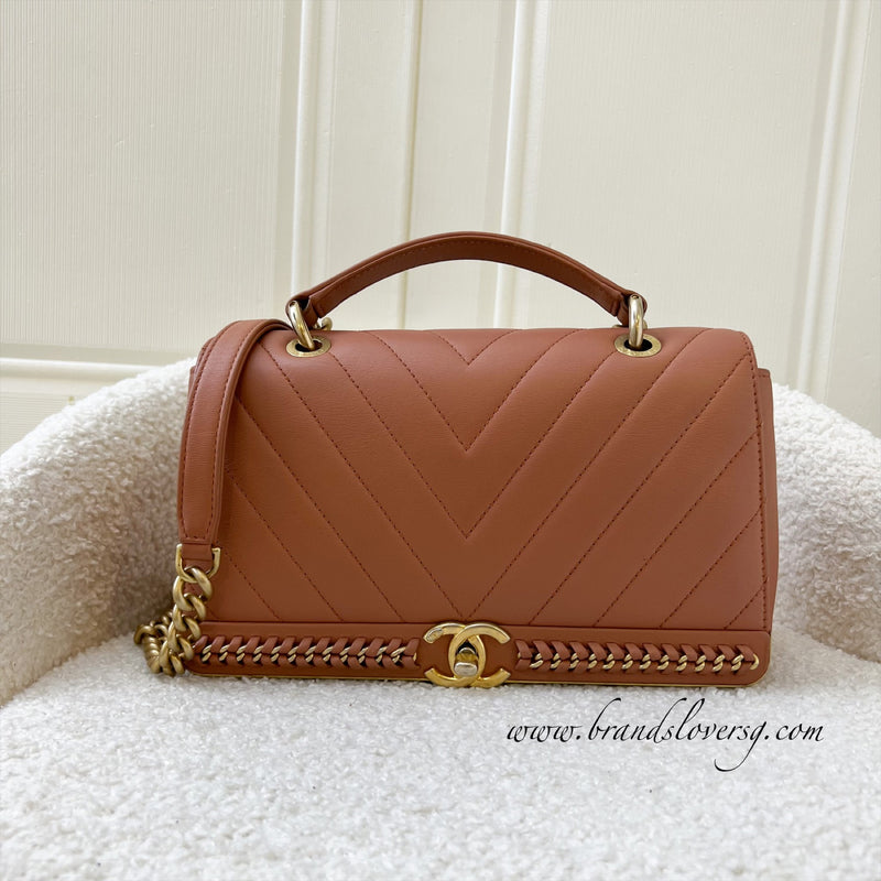 Chanel Chevron Top Handle Flap in Light Brown Calfskin and AGHW